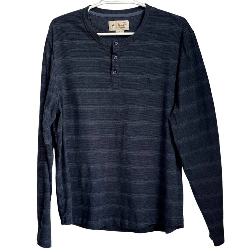 Original Penguin Mens Long‎ Sleeve Striped Henley Casual Shirt Size XL Gray